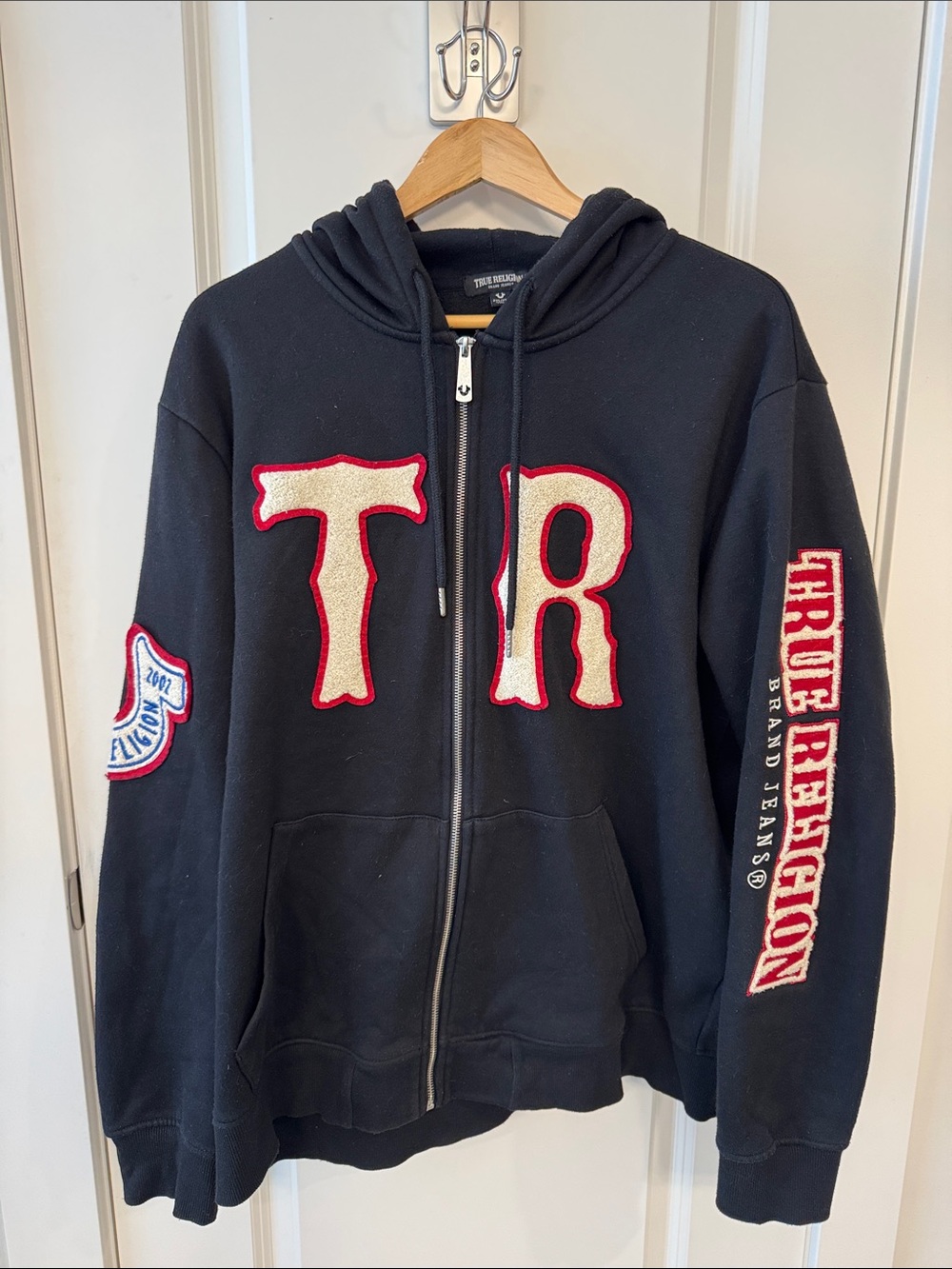 True Religion Black Hoodie with Cream & Fabric TR Patches